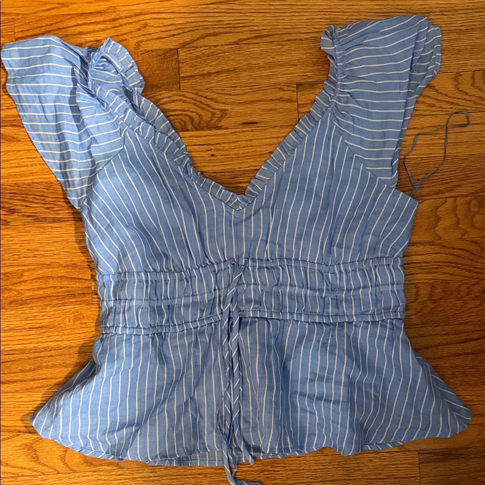 J. Crew Blue and White Striped V-Neck Cinched Waist Blouse